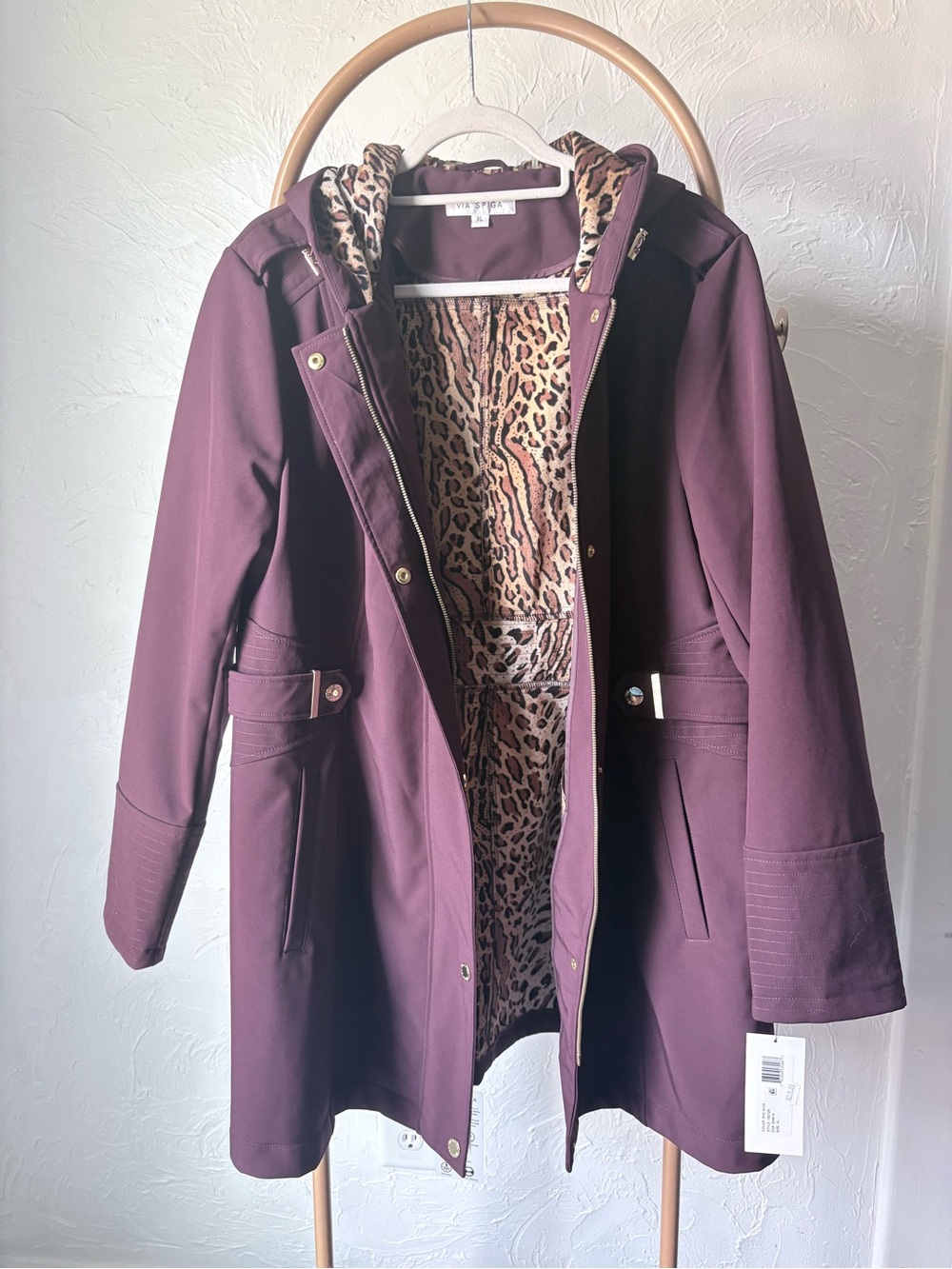 NWT Via Spiga Wine Hooded Softshell Rain Jacket Leopard Lining XL
